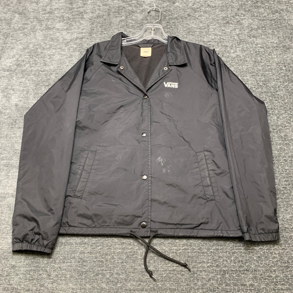 Vans Thanks Coach Jacket Womens Small Black Fleece Lined Drawcord Hem Snap Front